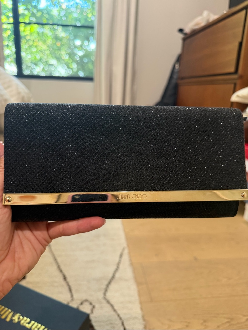 Jimmy Choo Black Sparkle Clutch with Gold Chain